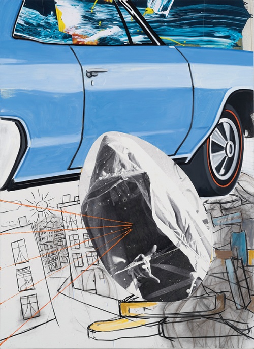 Buick-Town, 2016. Oil, acrylic, charcoal and archival digital transfer and print on linen (Artwork photo by artwork photo by John Berens, courtesy of the artist and Lehmann Maupin Hong Kong)